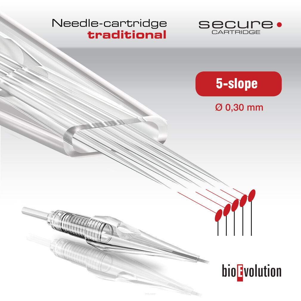 Jednorazowy kartridże SECURE Bioevolution z igłami tradycyjnymi do makijażu permanentnego, Bioevolution 5-slope 0.30 SECURE, jednorazowy kartridż SECURE Bioevolution zintegrowany system igły z nasadką, zapewnia zachowanie najwyższych standardów bezpieczeństwa i higieny, igła w obudowie z certyfikowanego plastiku medycznego utrzymywana jest w sterylnej czystości, wewnątrz znajduje się filtr, filtr minimalizuje efekt cofania się barwnika i krwi do rękojeści, jednorazowe kartridże SECURE Bioevolution pakowane są w blistry i sterylizowane tlenkiem etylenu, jednorazowy kartridż zawiera zbiorniczek na pigment, dzięki zastosowaniu sztywnych igieł doskonale sprawdzają się pigmentując zarówno delikatne, jak i twarde skóry, ścięty kartridż podwójnego zastosowania, ułożenie pod odpowiednim kątem daje efekty cienkiej linii, pixeli lub pigmentacji szerszej powierzchni niż 3 slope.