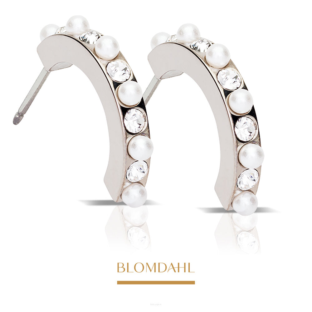 Kolczyki hipoalergiczne, kolczyki antyalergiczne, kolczyki tytanowe, Pendant Mixed Curved Crystal / White, naturalny tytan medyczny, Blomdahl, część ozdobna podłużny prostokąt, półokrąg z kryształami Swarovskiego i perłami, alergia na nikiel, alergia kontaktowa skóry, bezpieczne kolczyki, kolczyki ze sztyftem, biżuteria hipoalergiczna.